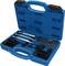 A blue toolbox with various metal tools inside. Contains pliers, screwdrivers and a steel plate with screw holes.