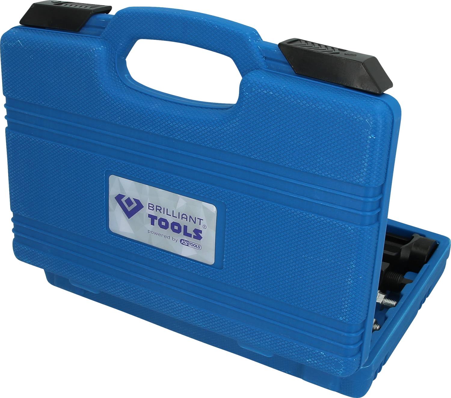 Blue tool case with the inscription 'Brilliant Tools'. The case is partially open, revealing parts of its contents.