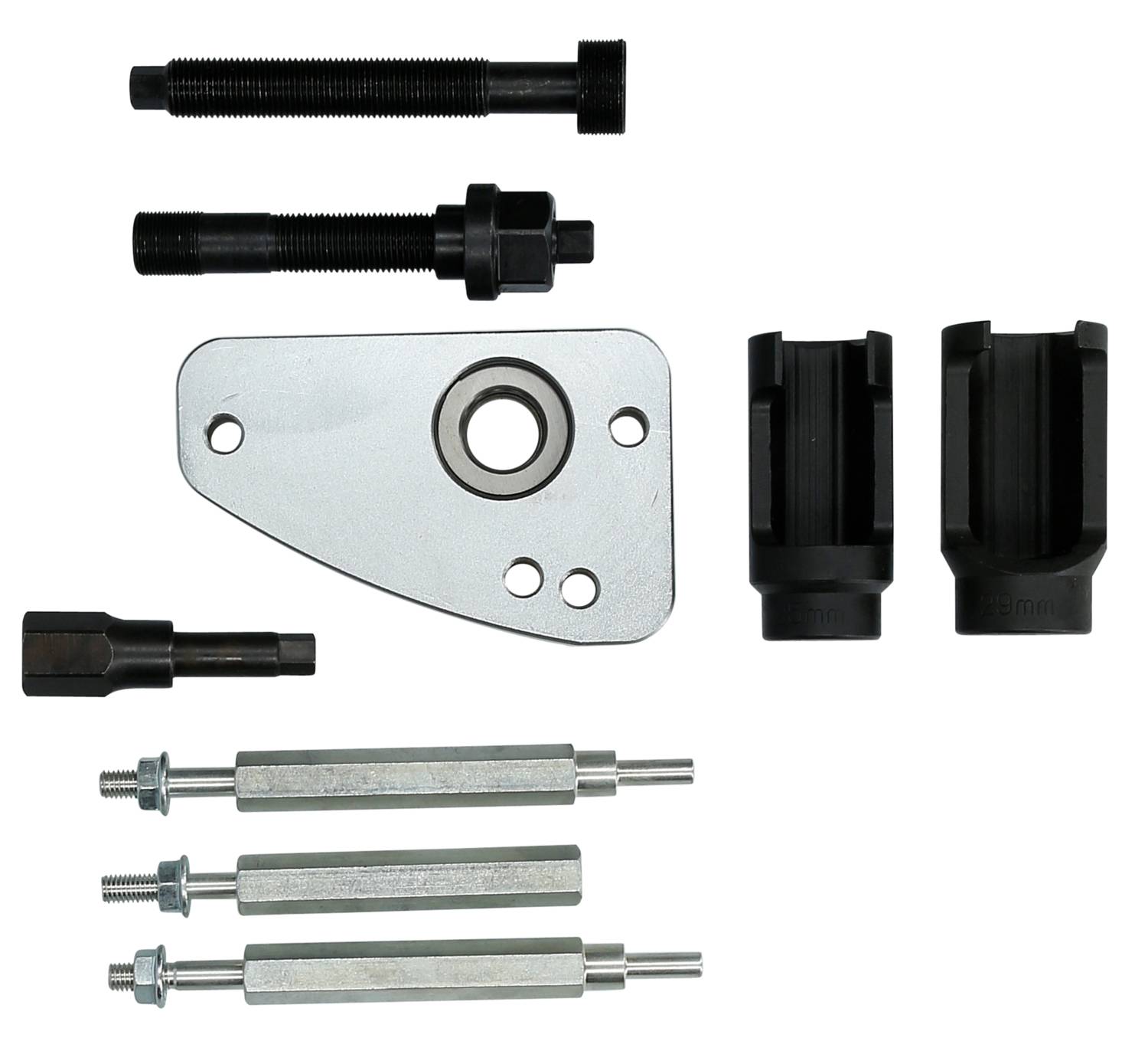 A motor vehicle tool set comprising bolts, bearing plate and plastic mounting brackets, arranged on a white background.