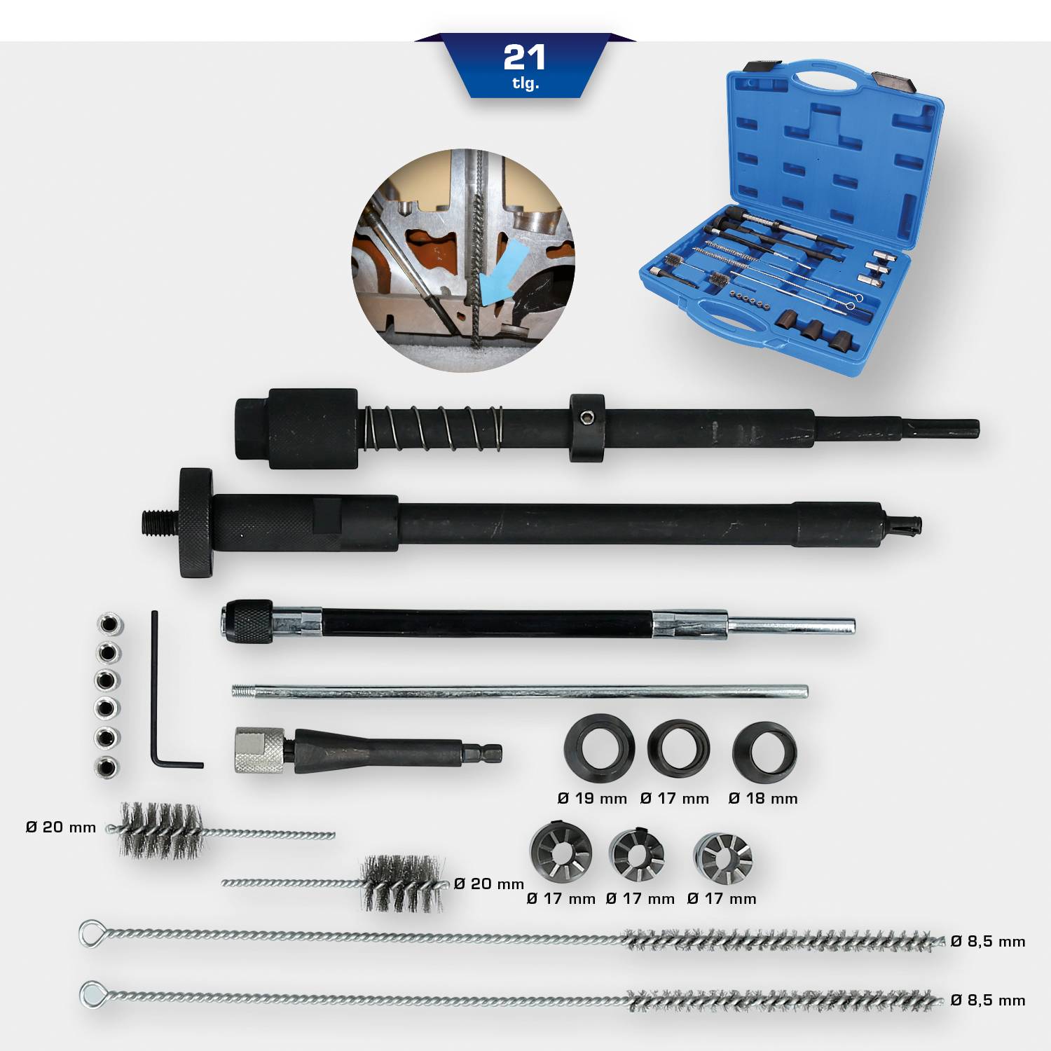 Chimney cleaning tool kit, comprising brushes, extension rods and adapters. Designed for effective soot removal.