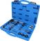 Blue toolbox with various brushes and accessories used for cleaning and maintenance.