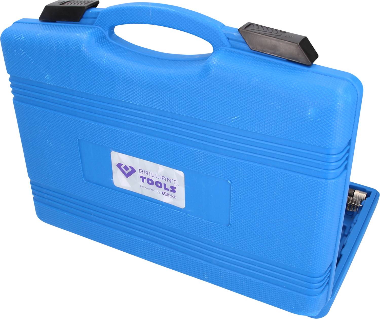 A blue hard plastic tool case with a carry handle and two black latches, closed, with no visible tools.