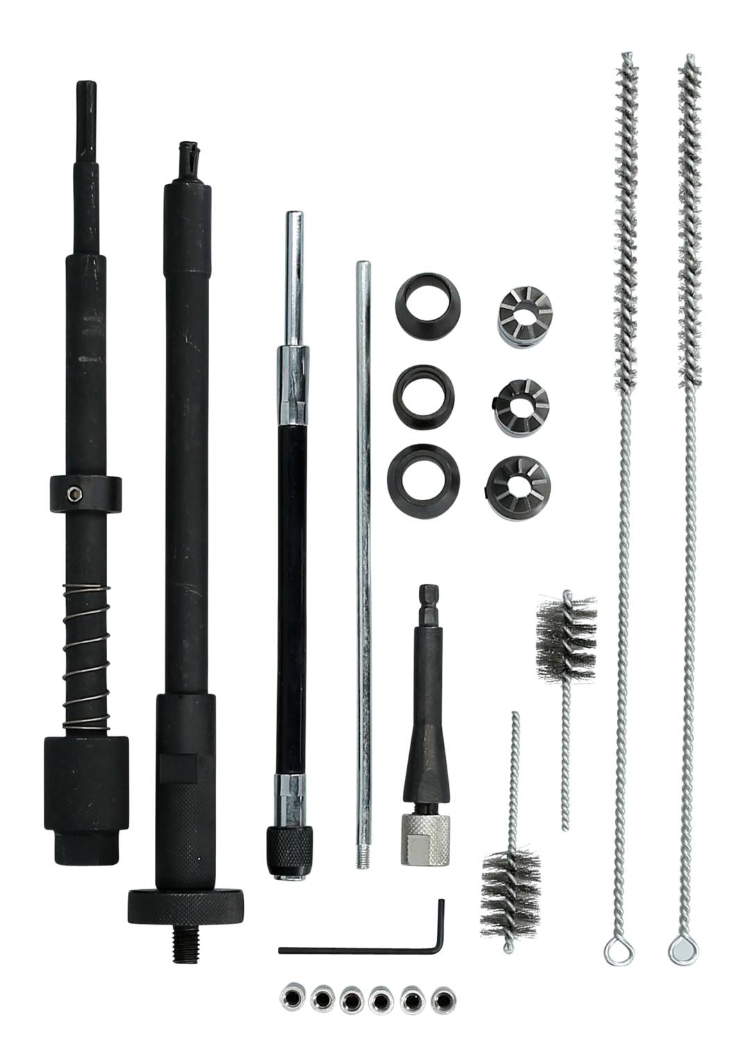 A tool set with various black and silver components, including rods, brushes, and rings, laid out flat on a white surface.