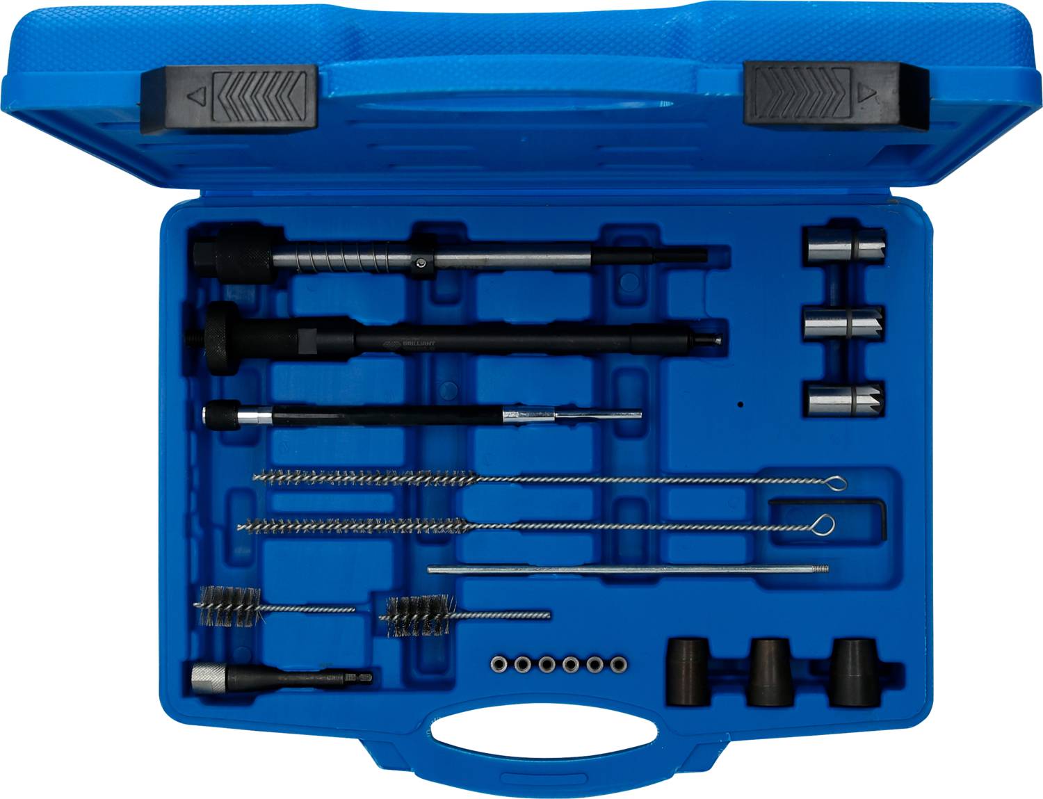 A blue toolbox with various tools, including brushes, nozzles and metal hoses, for cleaning and maintenance.