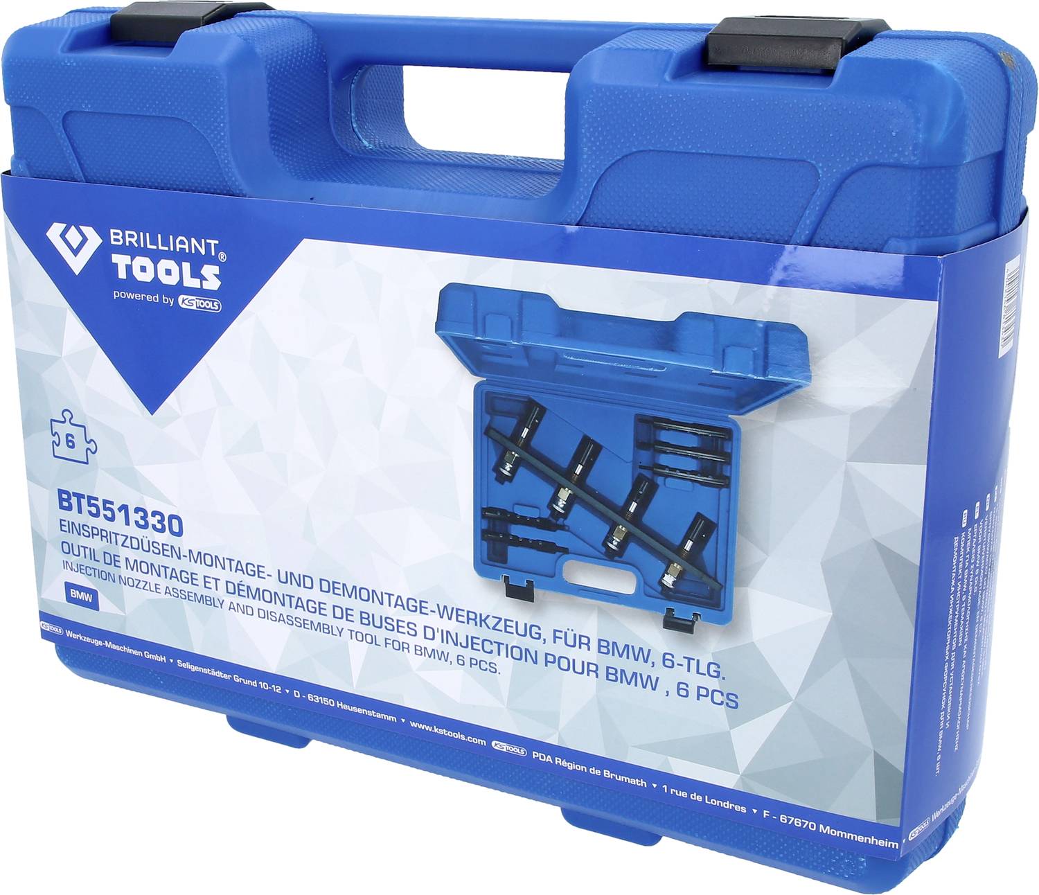 Blue tool case with the inscription 'Injector Assembly and Disassembly Tool, 6-piece, for BMW'. Image shows the contents.