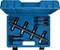 A blue toolbox with an open lid reveals various specialised tools and inserts arranged in neat compartments.