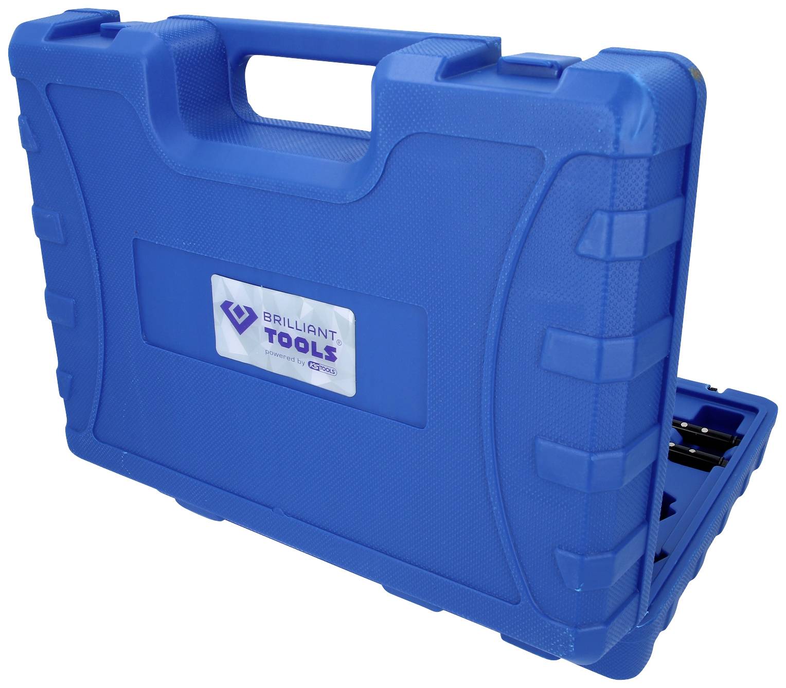 'Blue tool case with handle, the brand "Brilliant Tools" visible on a label.'