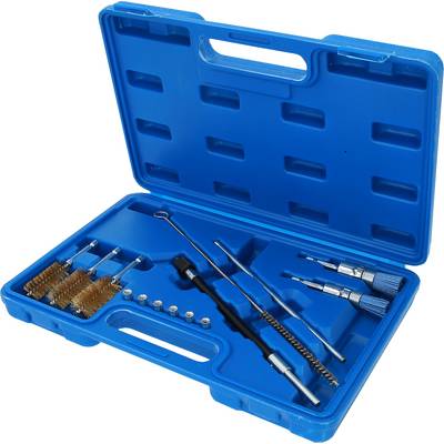 A blue case contains cleaning brushes and tools, organised in compartments. It is used for device maintenance and care.