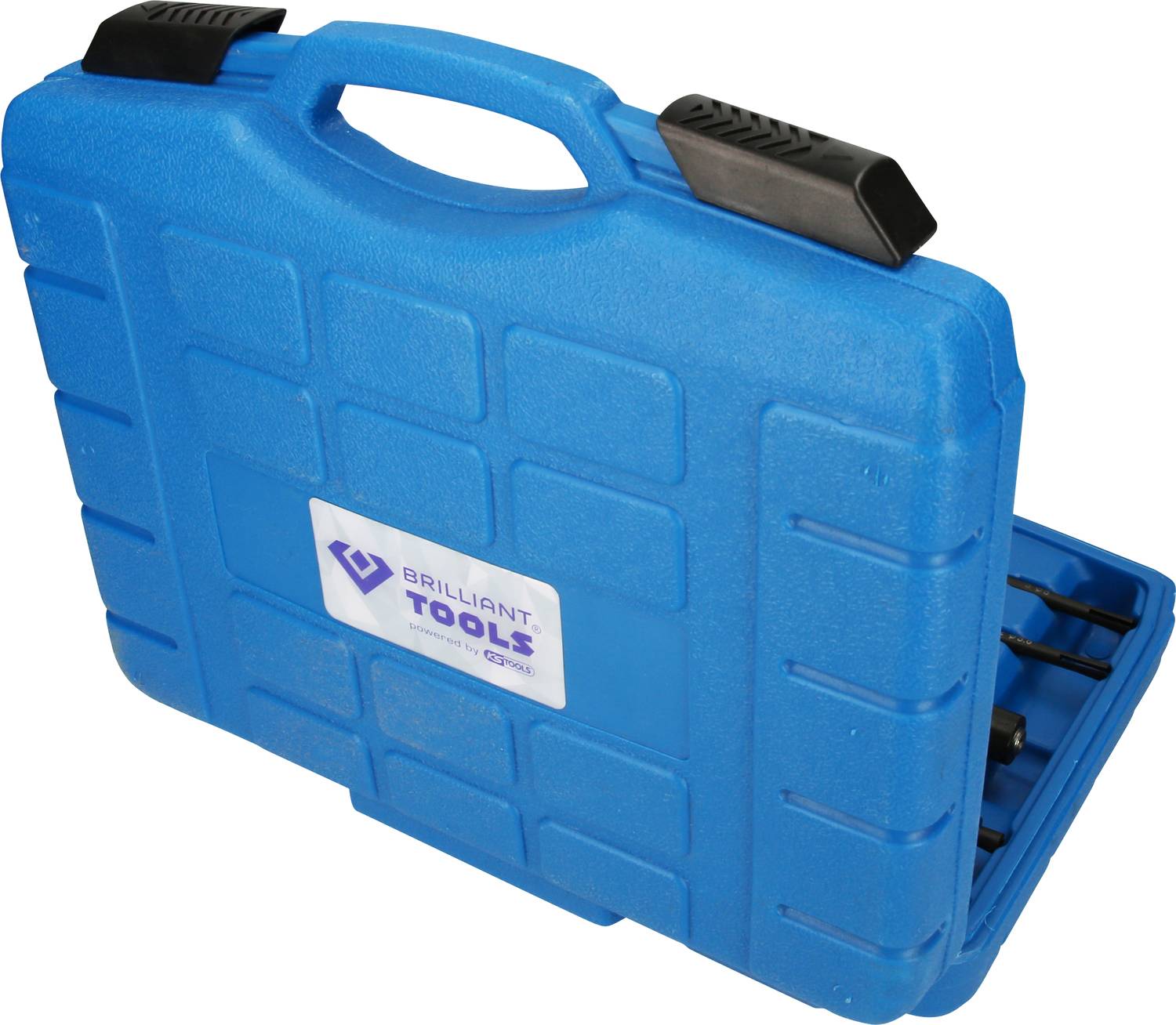 'Brilliant Tools' tool case with a robust blue housing, black handle, and company logo on the front.