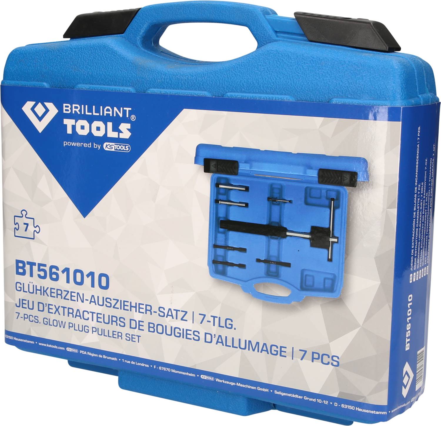 'Brilliant Tools BT561010' Glow Plug Extractor Set, 7-piece, pictured in blue case. Contains tools for removing glow plugs.