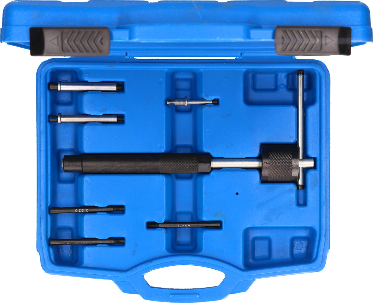 Blue tool case with various tools, including a handle, chuck, and several extended bits.