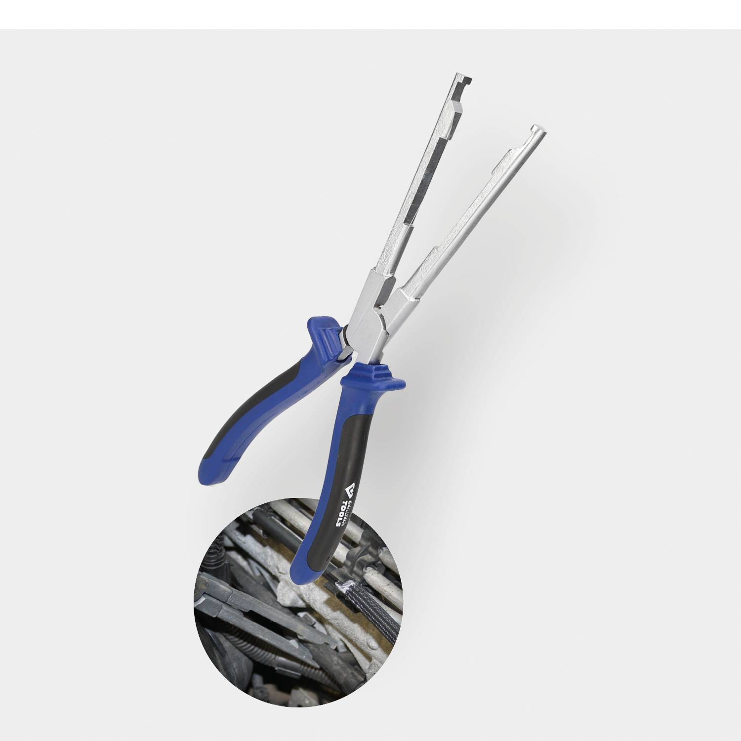 The illustration shows a silver pliers with blue handles, next to a circular cut-out with a bundle of wires.