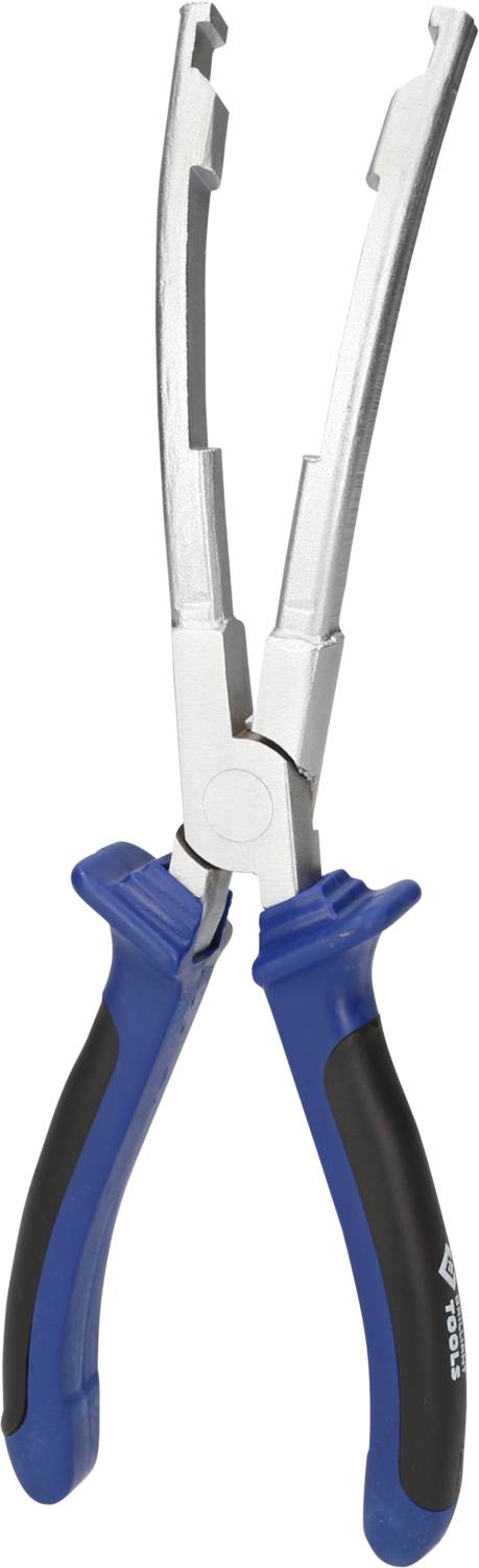 A blue pliers with black handles, shown open, for use in automotive mechanics or craft workshops.