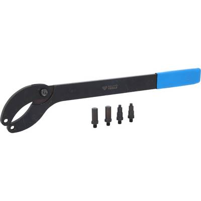 Tool set with a torque wrench and four interchangeable heads, suitable for various screw sizes.