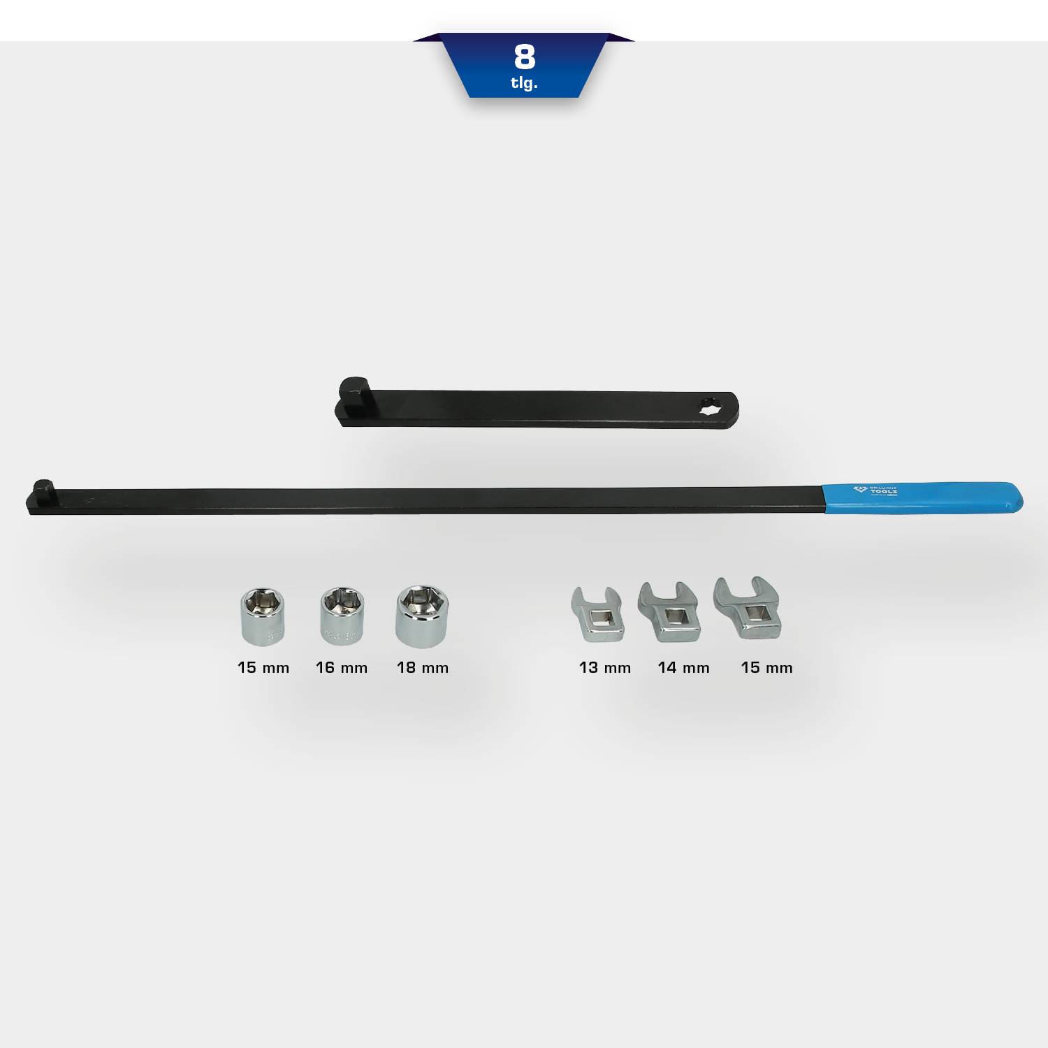 'Illustration of an 8-piece tool set with lever arm, socket spanners (15 mm, 16 mm, 18 mm) and combination spanners (13 mm, 14 mm, 15 mm).'
