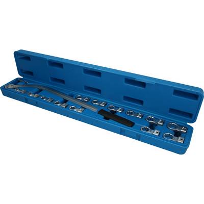 Blue toolbox with various inserts and a long lever for pipe installation.