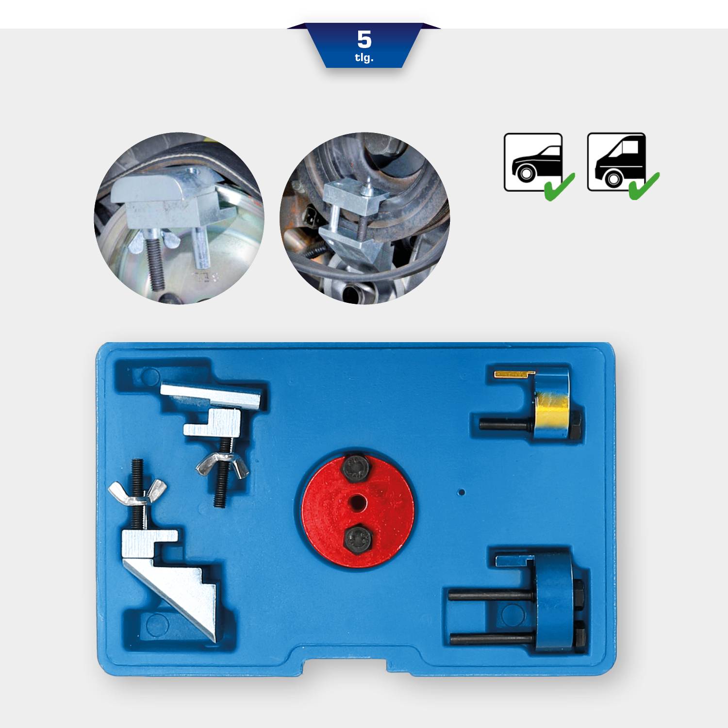 '5-piece tool set in a blue case for adjusting vehicle engine timing. Includes various holders and adapters.'