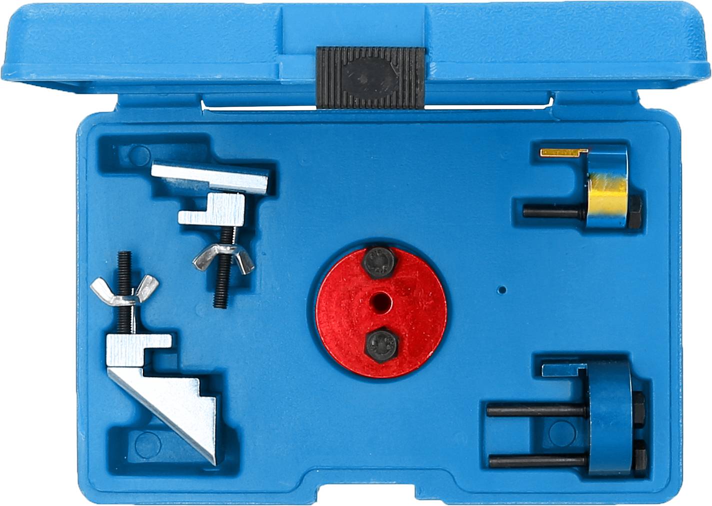 A blue tool case with its lid open displays fixing components and specialist tools for engine maintenance.
