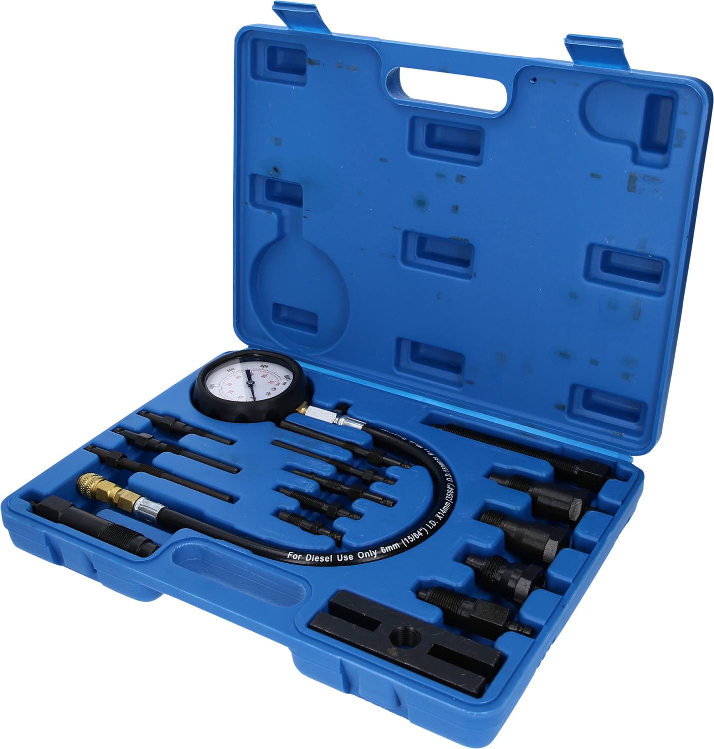 Blue tool case with diesel pressure testing device and accessories. Contains hose with manometer, adapters and connectors. High-pressure measurement.