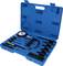 Blue tool case with diesel pressure testing device and accessories. Contains hose with manometer, adapters and connectors. High-pressure measurement.