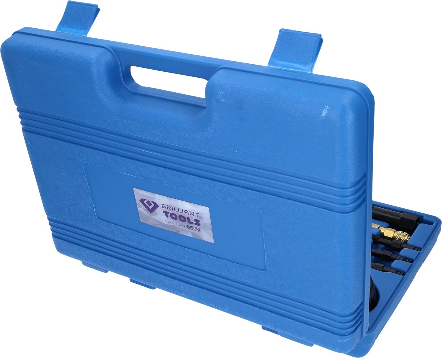 Blue tool case, partially open with various tools visible inside.