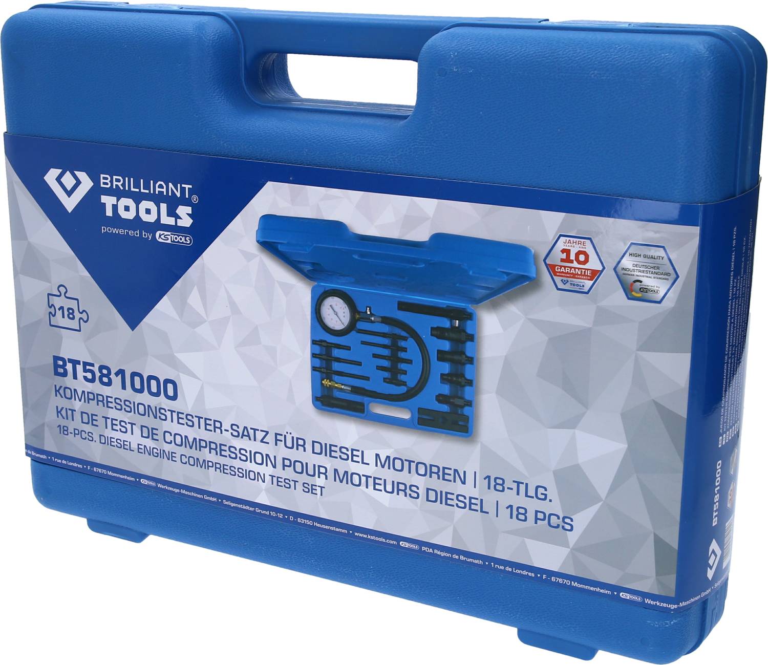 Blue tool case with the inscription 'Diesel Engine Compression Tester, 18-piece'. Contains tools for pressure testing.