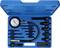 A blue plastic case with a manometer, hoses and various adapters for pressure testing.
