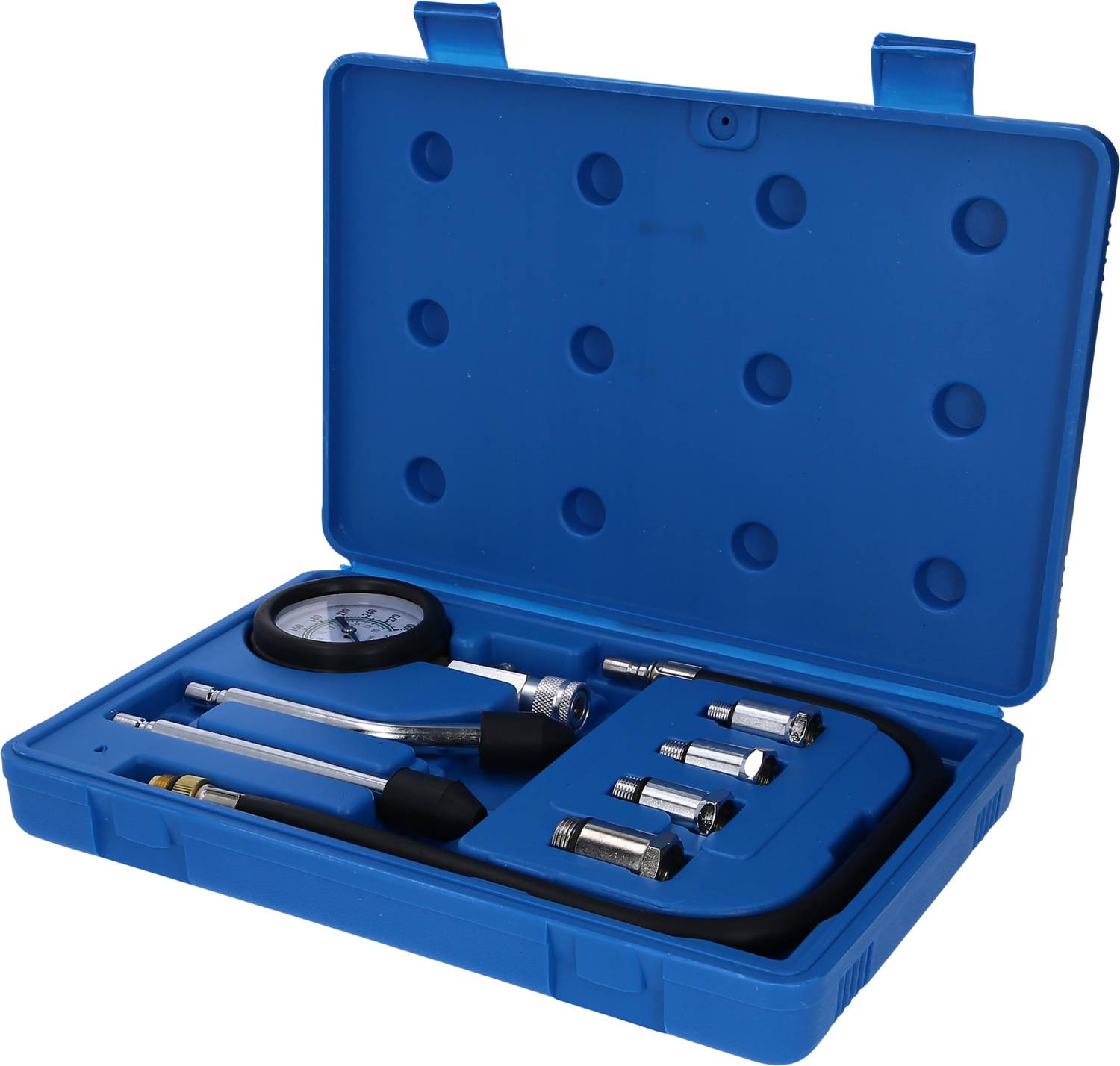 An open blue suitcase containing a manometer set, comprising a manometer, hoses, and various adapters.