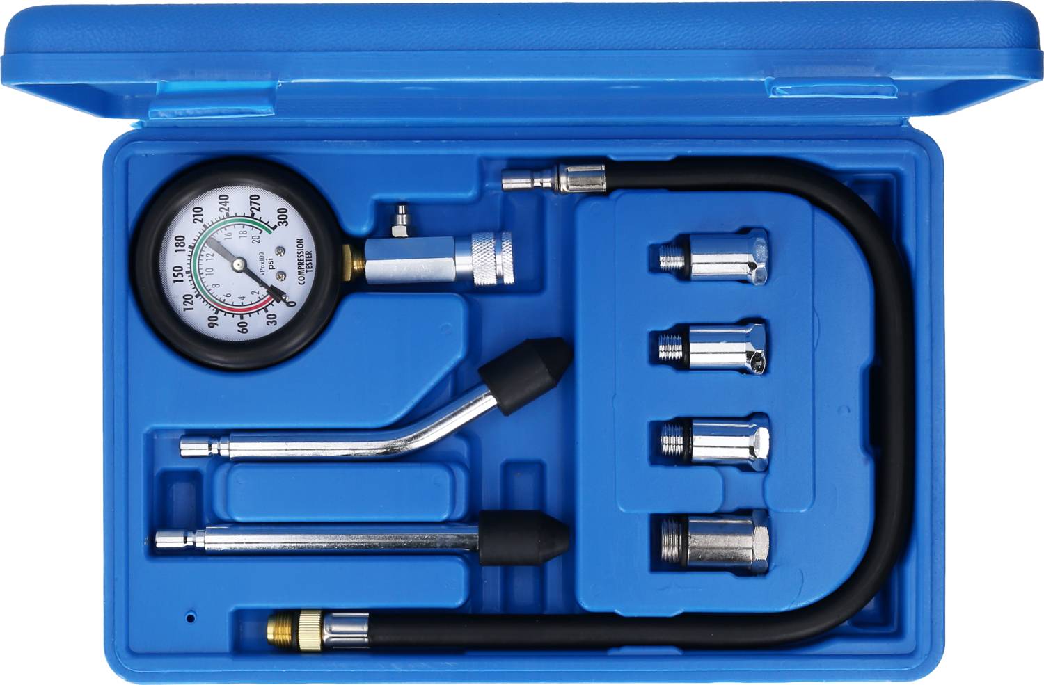 A blue suitcase with a manometer, hoses, and various connections for pressure measurement, organised in separate compartments.