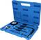 Blue plastic case with a pressure gauge and accessory parts, arranged in compartments. Vehicle diagnostic tool kit.
