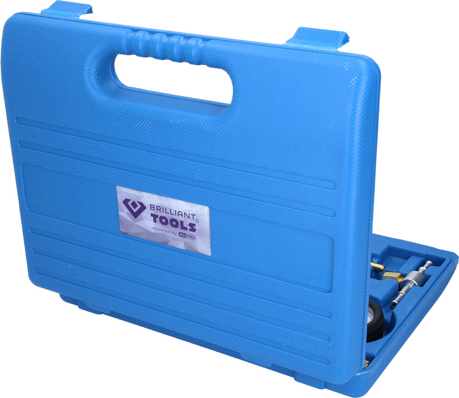 Blue plastic tool case with carrying handle, featuring a logo with the inscription 'Brilliant Tools'. Case partially open, revealing tools inside.