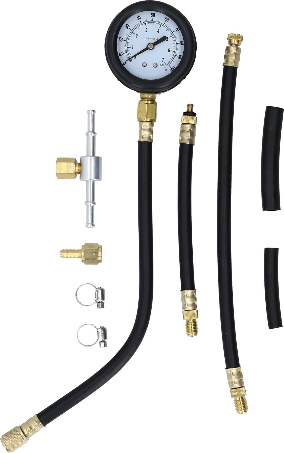 Pressure measuring device with manometer, hoses and connecting pieces used for checking the pressure in a system.