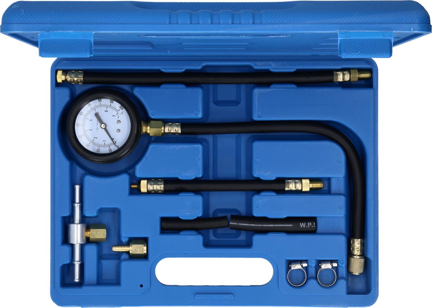 Pressure gauge kit in an open, blue plastic case. Includes manometer with hoses and connections for pressure testing.