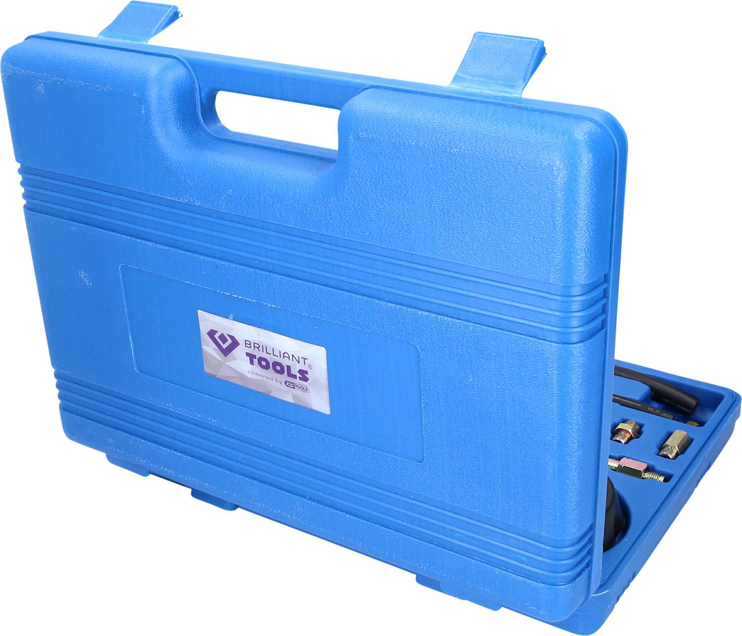 Blue plastic toolbox with 'Brilliant Tools' logo, partially open, revealing various tool inserts inside.