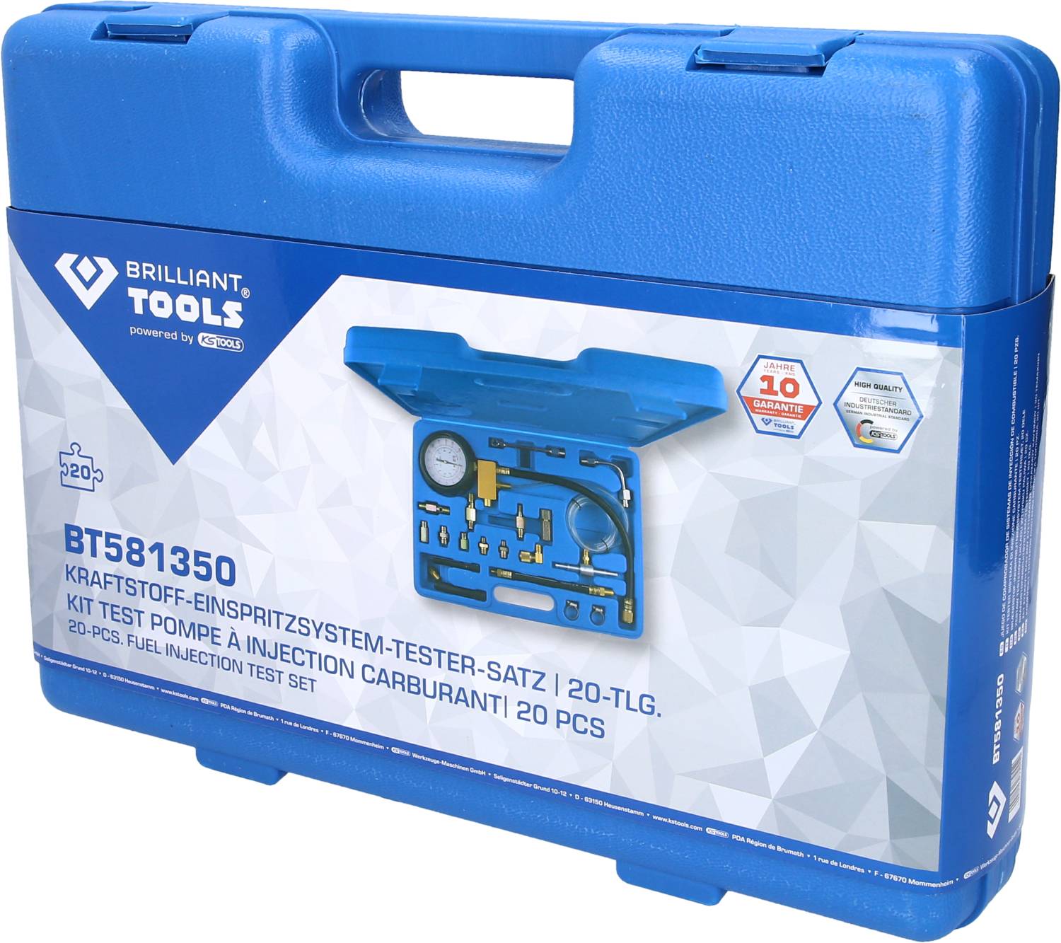 'Brilliant Tools Fuel Injection System Tester Set, 20-piece' in a blue case with a subtle geometric pattern.