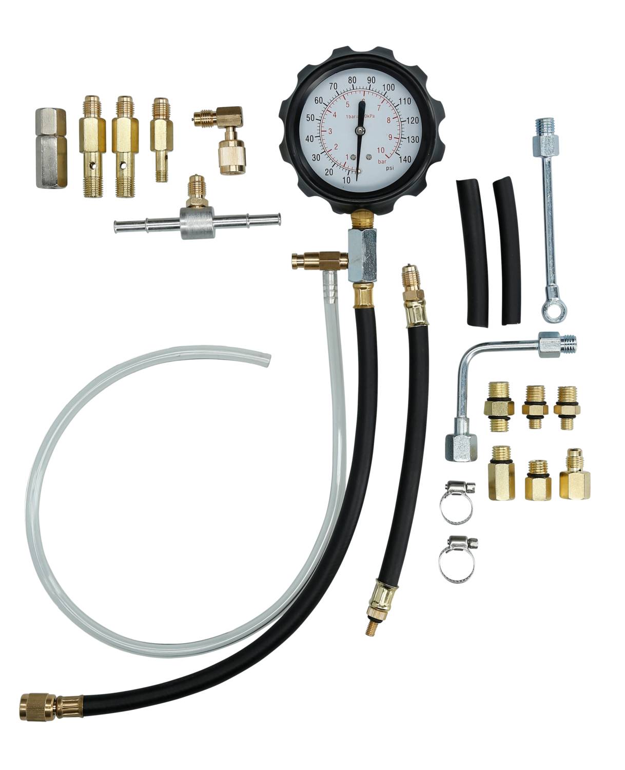 Fuel pressure test kit comprising a pressure gauge, hoses, adapters, and connecting pieces. For diagnosing and testing fuel systems.