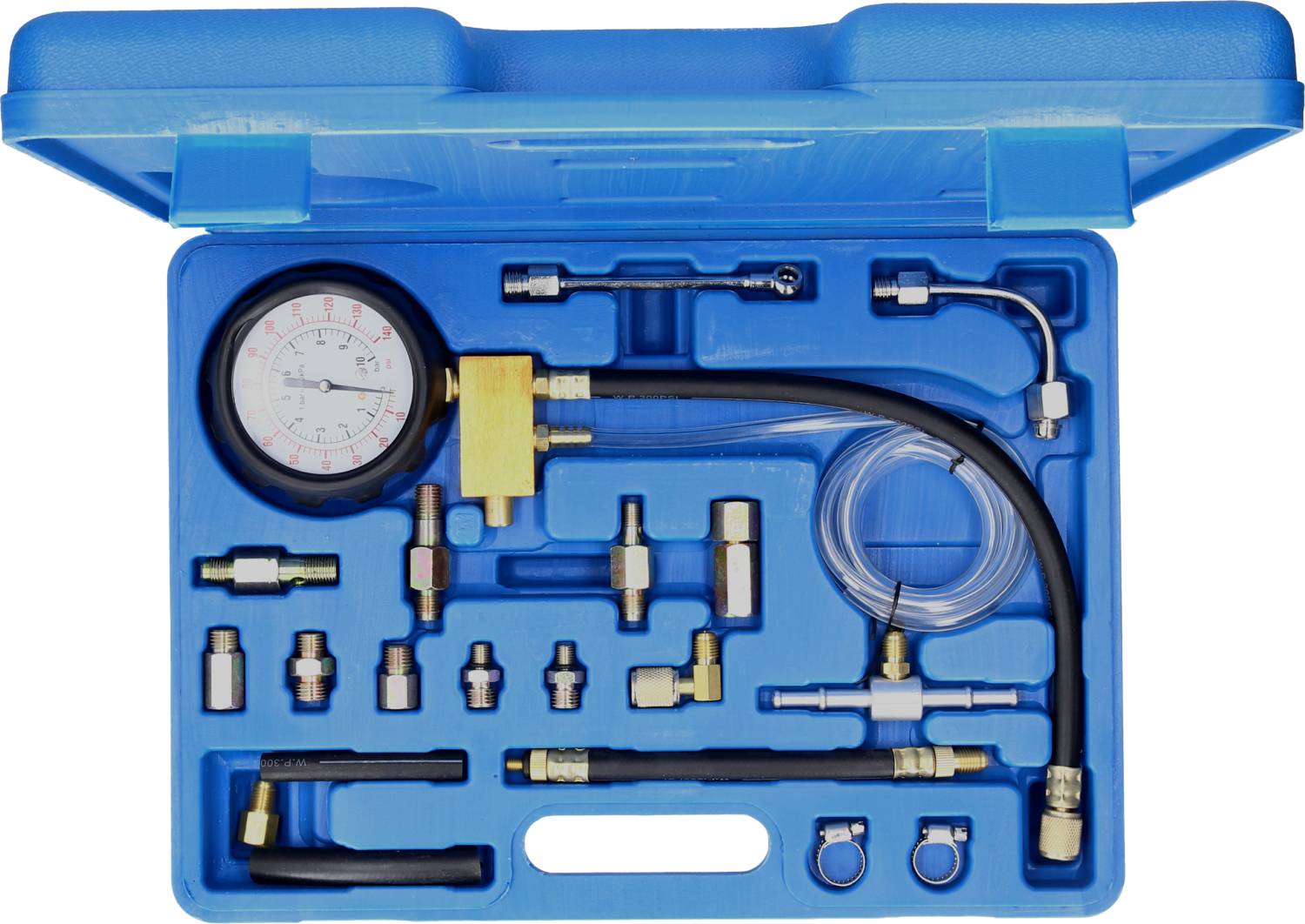A blue suitcase with a fuel pressure testing kit: pressure gauge, hoses and various adapters for automotive diagnostics.