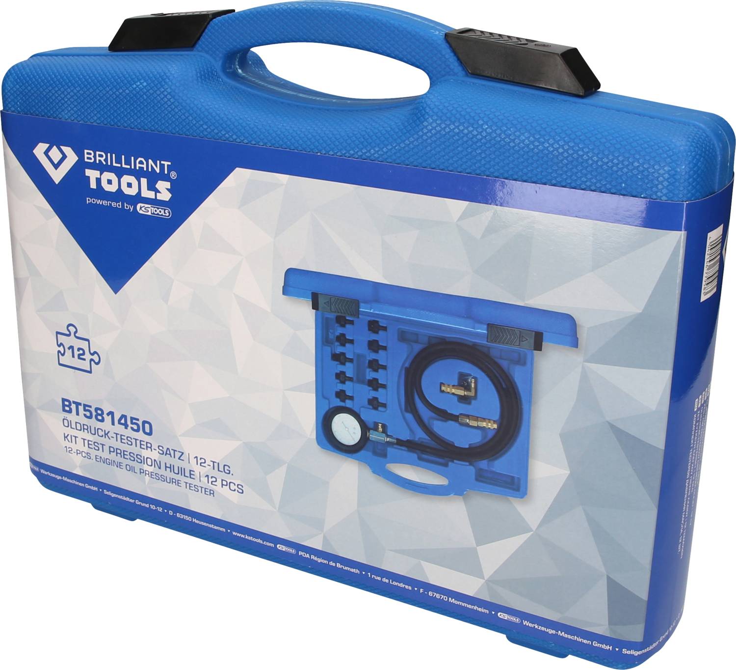 'Blue tool case by Brilliant Tools with an oil pressure tester set. Contains 12 pieces, as shown in the photograph on the packaging.'
