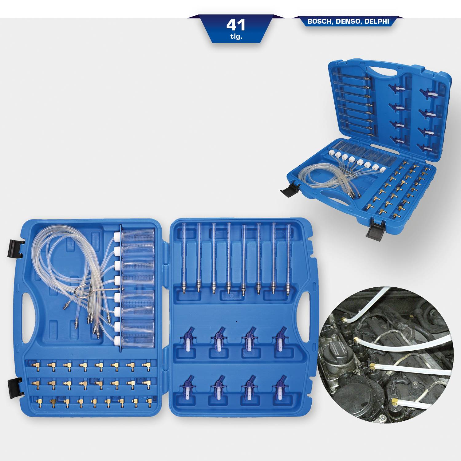 'Diesel injection kit with 41 components, including adapters and hoses, in a blue case for automotive engine maintenance.'
