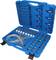 Blue case with various L-shaped tubes, connectors, and valves arranged in organised compartments for technical applications.