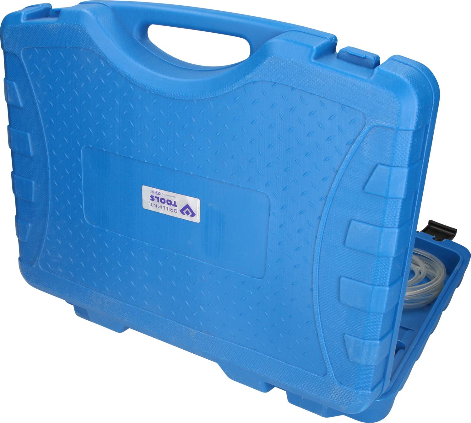 Blue plastic toolbox with tools inside, partially open.