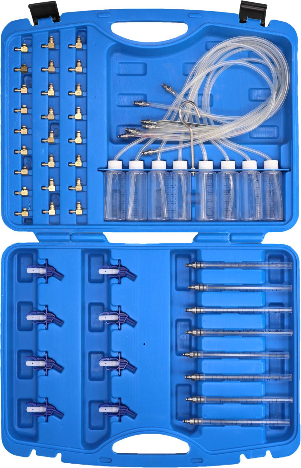 A blue tool case opened and filled with medical syringes, tubes, and accessories, organised in compartments.