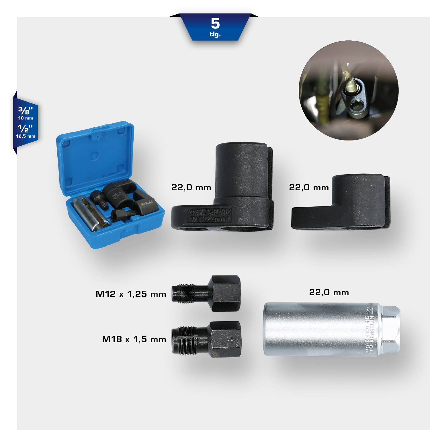 'Set with 5 pieces for pipe fixing: 22.0 mm pipe clamps, Adapter M12 x 1.25 mm, M18 x 1.5 mm, 22.0 mm socket. Blue box included.'