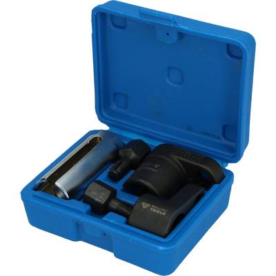A blue plastic case containing various black and metallic tools nestled in foam padding.