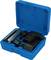 A blue plastic case containing various black and metallic tools nestled in foam padding.