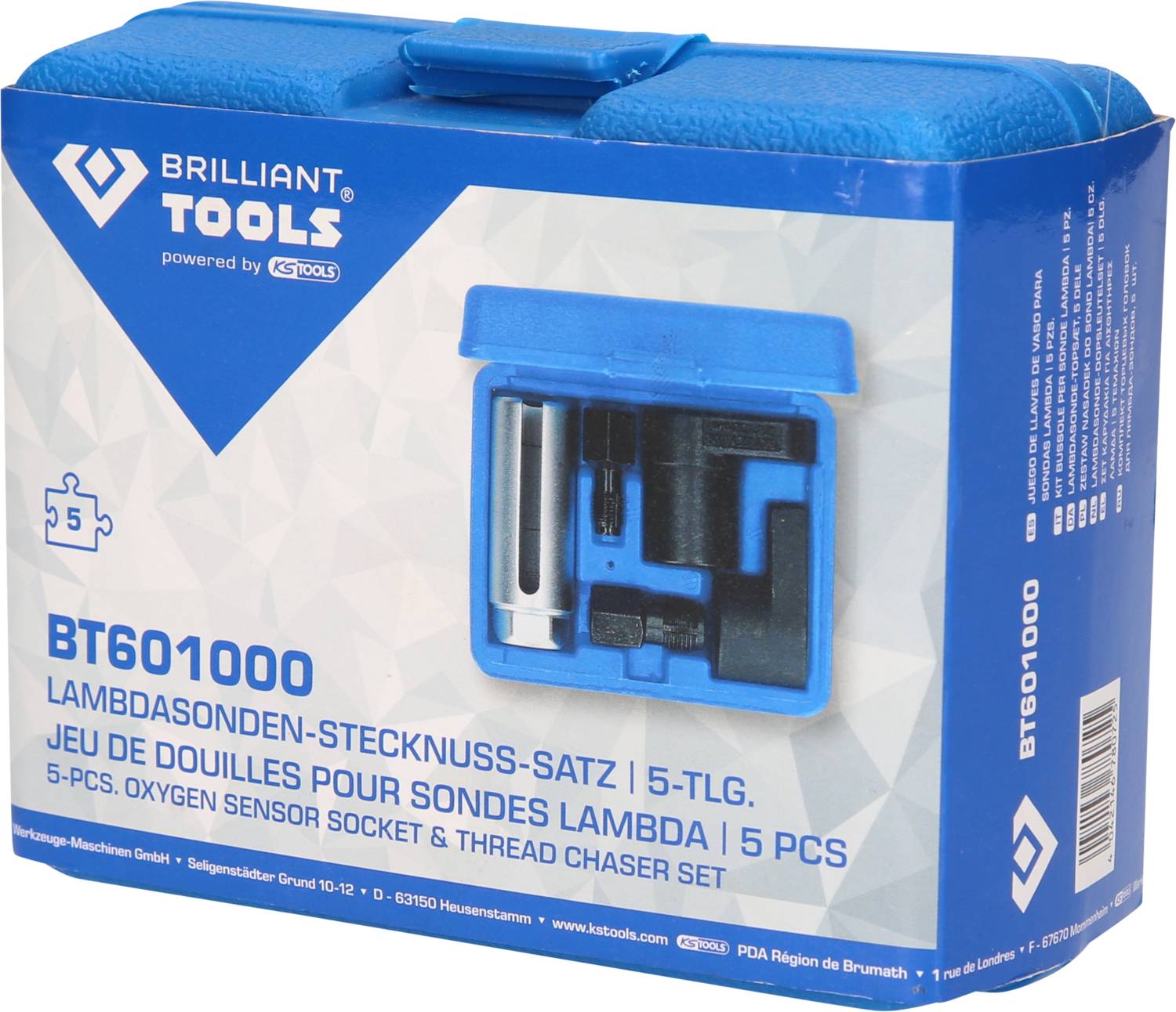 Blue case with 5-piece set for lambda sensor socket. Brand 'Brilliant Tools'. Includes sensor socket and thread cutter.