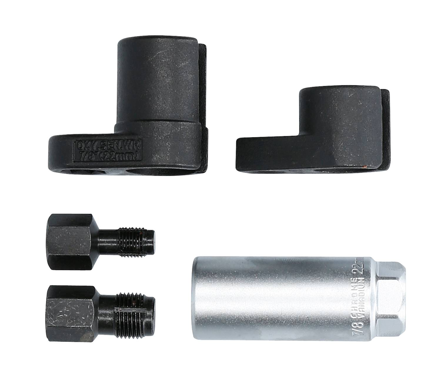 Four automotive tool components: two black mounting brackets, two black screw adapters and a silver cylindrical attachment.