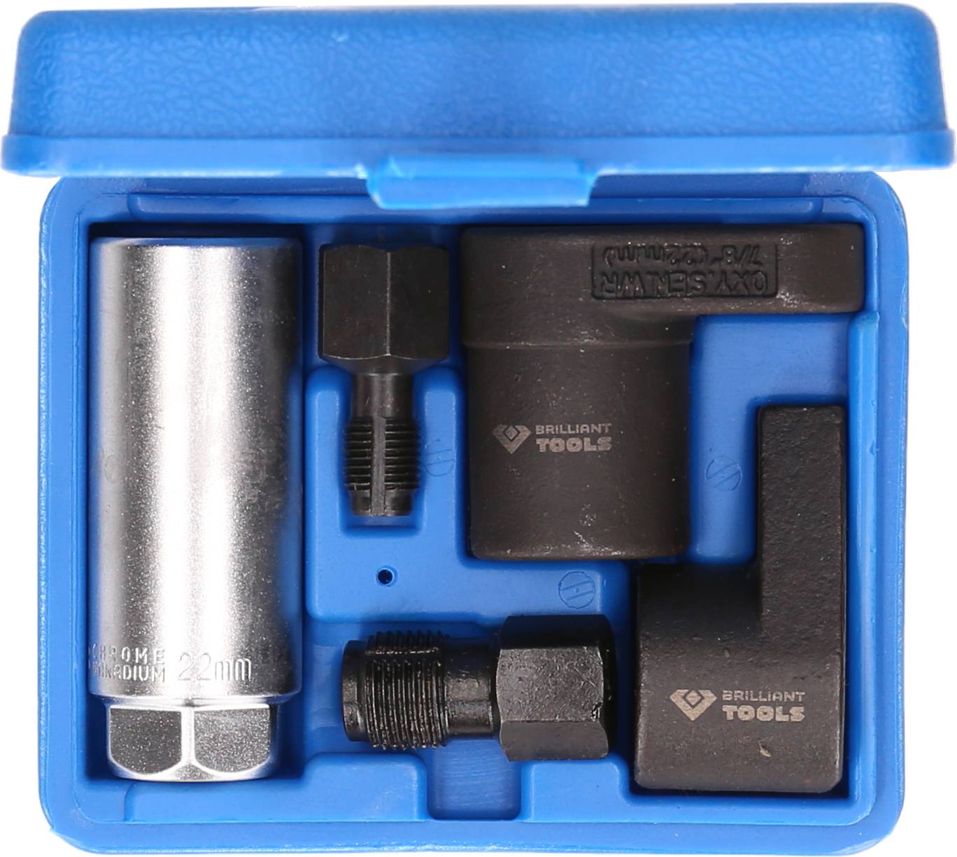 A blue box containing a socket wrench set comprising various metallic adapter attachments and a socket wrench.