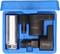 A blue box containing a socket wrench set comprising various metallic adapter attachments and a socket wrench.