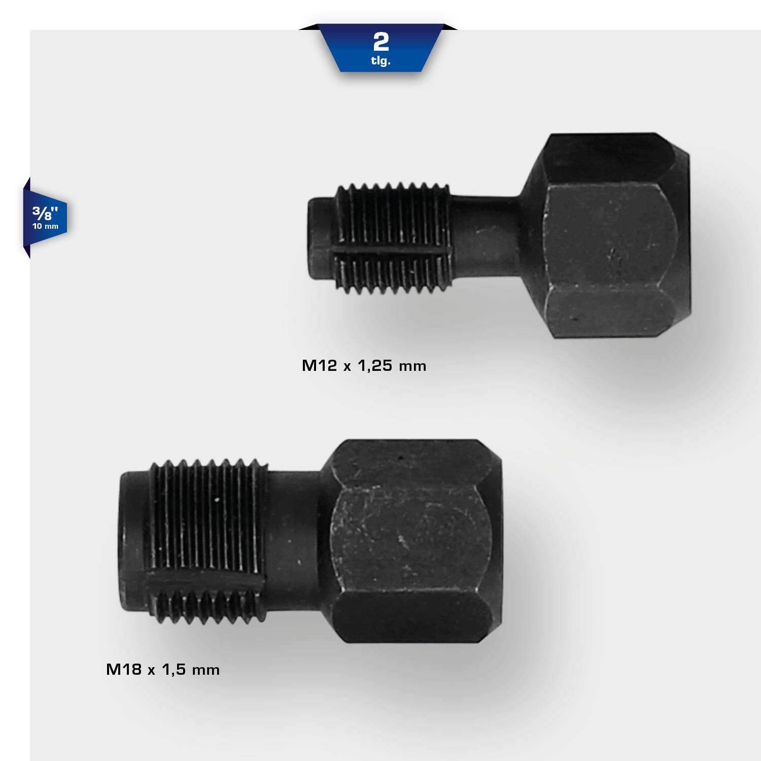 Two adapters, black, hexagonal, top: 'M12 × 1.25 mm', bottom: 'M18 × 1.5 mm'. Additional info: '2 pcs.', '3/8" ⅜', '10 mm'.